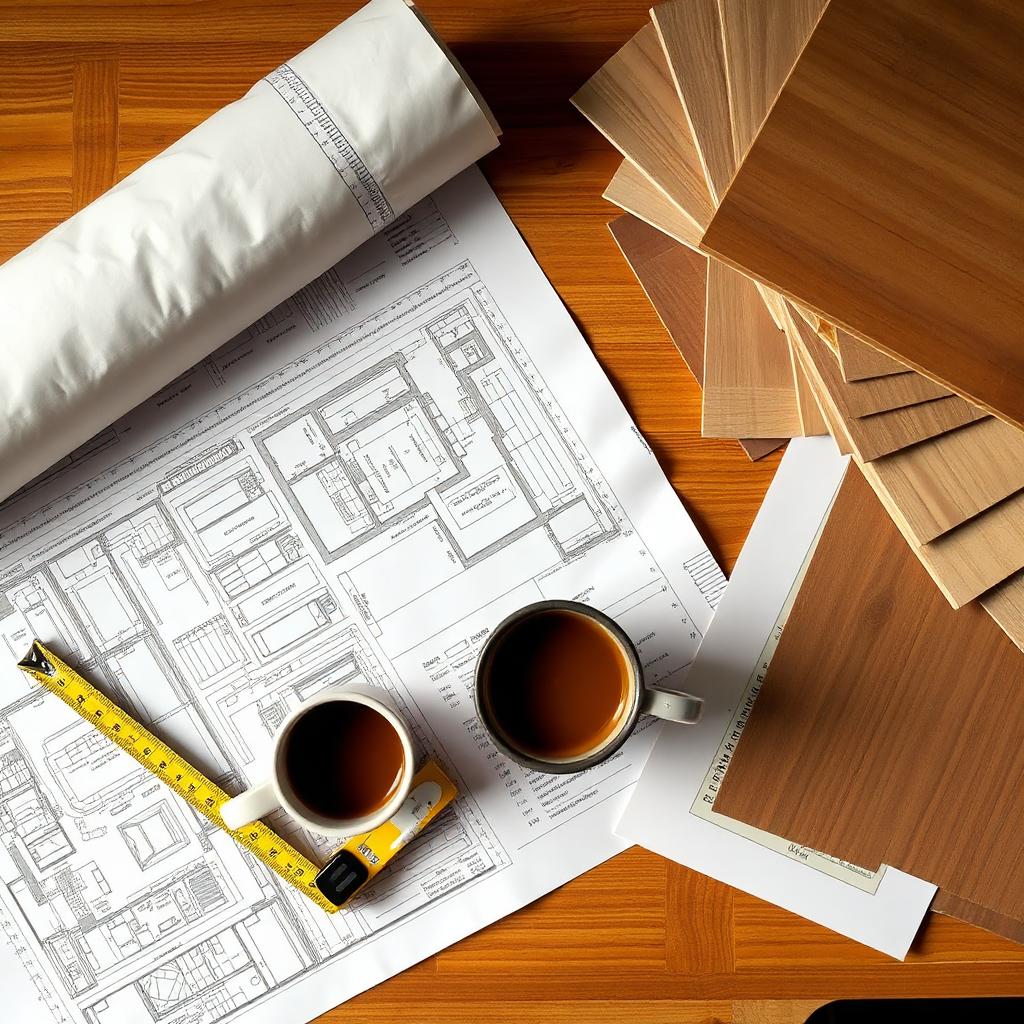 Architect's desk with blueprints and material samples